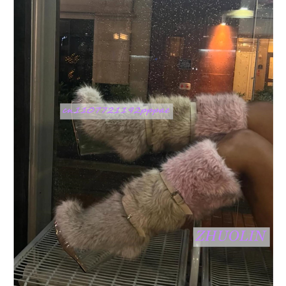 Waterproof Winter Boot - 冬のグラデーション毛皮のような透明ウェッジブーツ女性の甘いベルトバックルスノーブーツファッショントレンドパンクランウェイニーハイブーツ 43