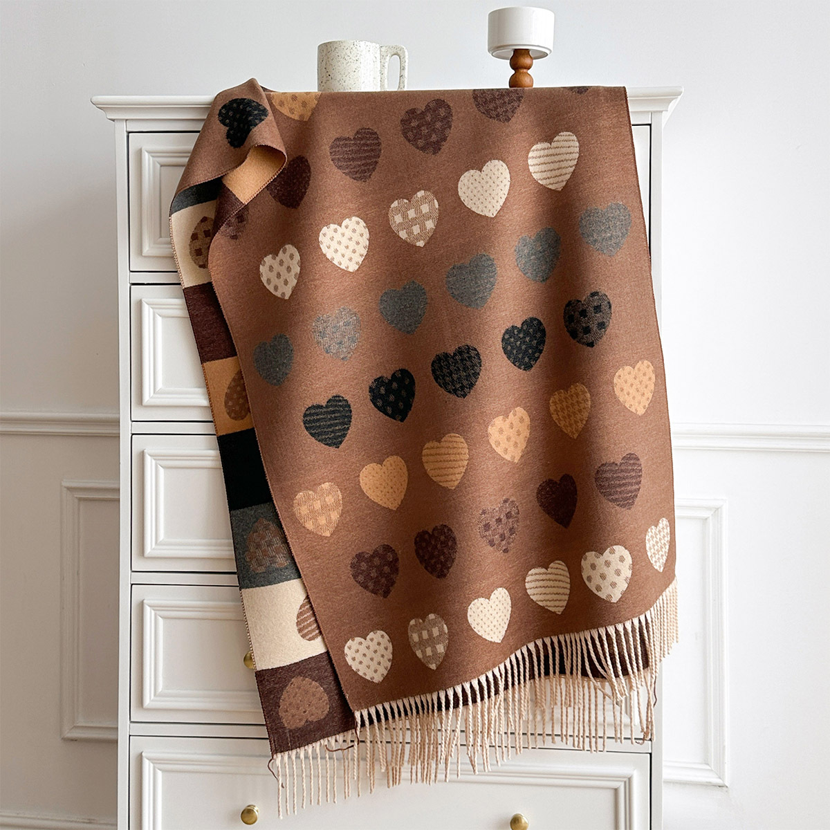 Cashmere Pashmina Wrap - 女性用イミテーションカシミヤスカーフ フリンジ付き 厚手 暖かいショール リバーシブル 冬用プリントスカーフ