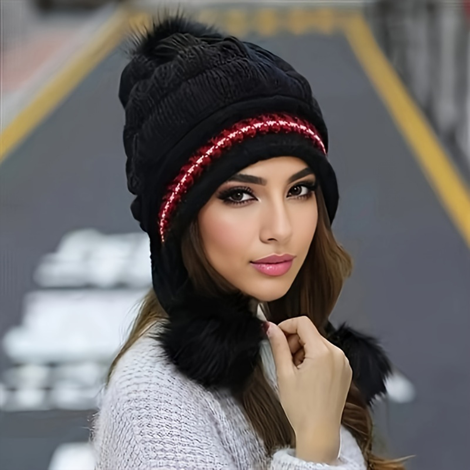 Knit Beanie Hat Warm - 寒い季節用ニットビーニー帽、柔らかい冬用暖かいファー帽子、フリース裏地付き耳当て帽子、女性用カジュアルゆったり厚手サーマルキャップ
