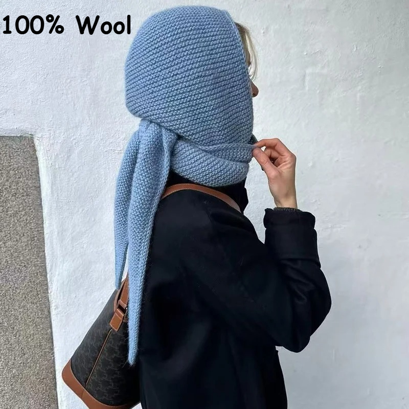 Knit Beanie Hat Warm - 100%ウール ビッグソフィースカーフ オーバーサイズフード バラクラバ 冬用帽子 耳保護